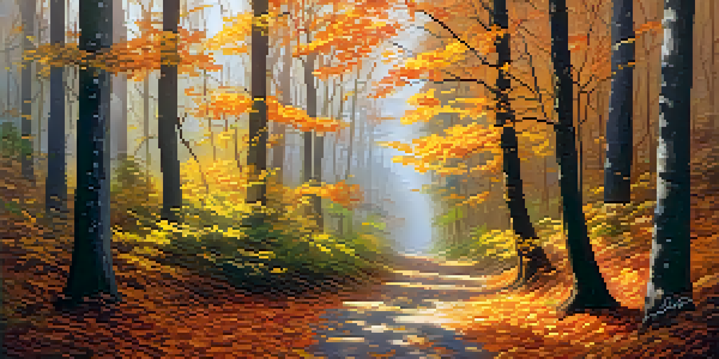 A tranquil forest with colorful autumn leaves and a winding path, bathed in soft sunlight.