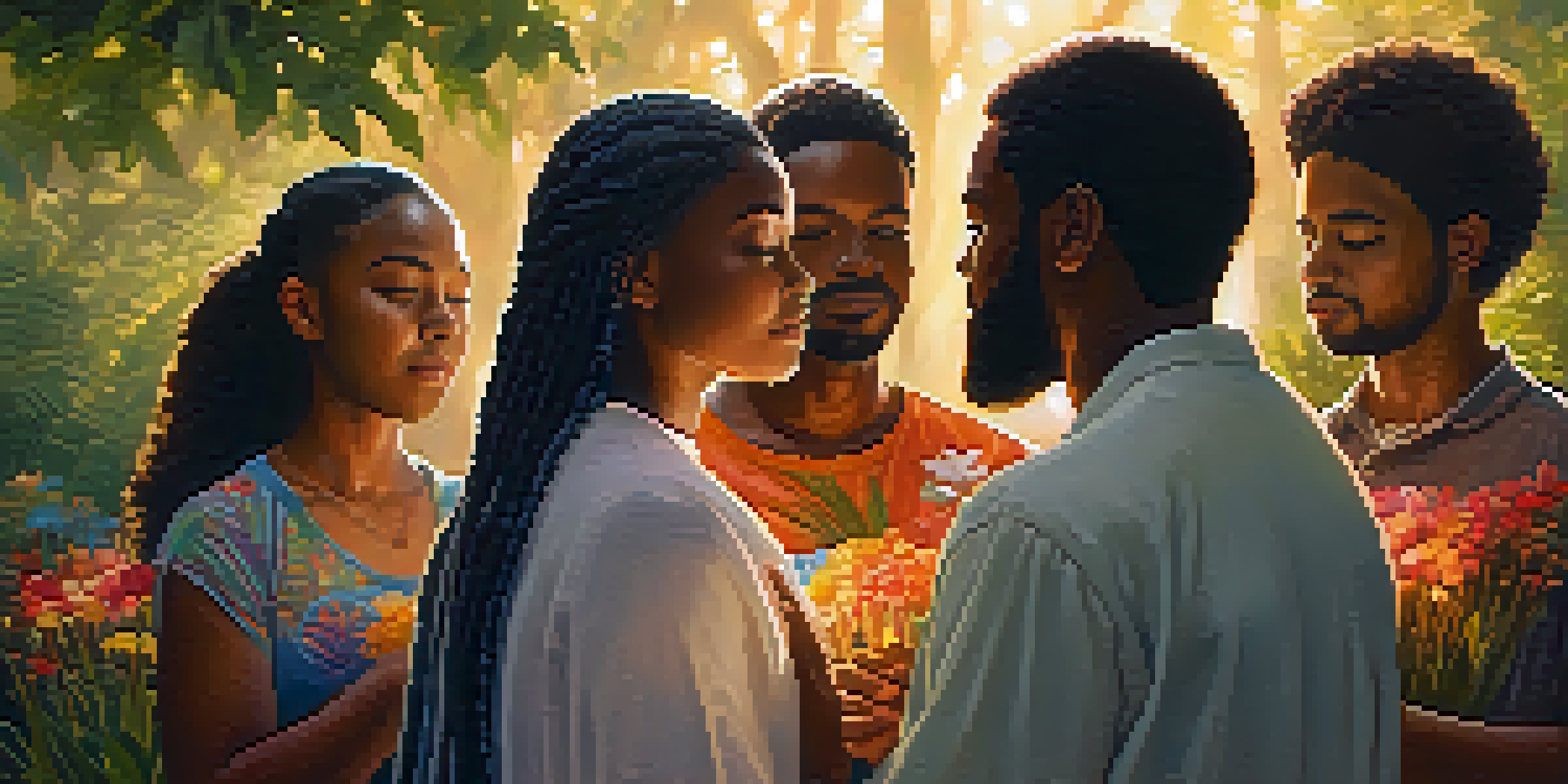 A diverse group of people holding hands in a prayer circle outdoors during sunset, surrounded by trees and flowers.
