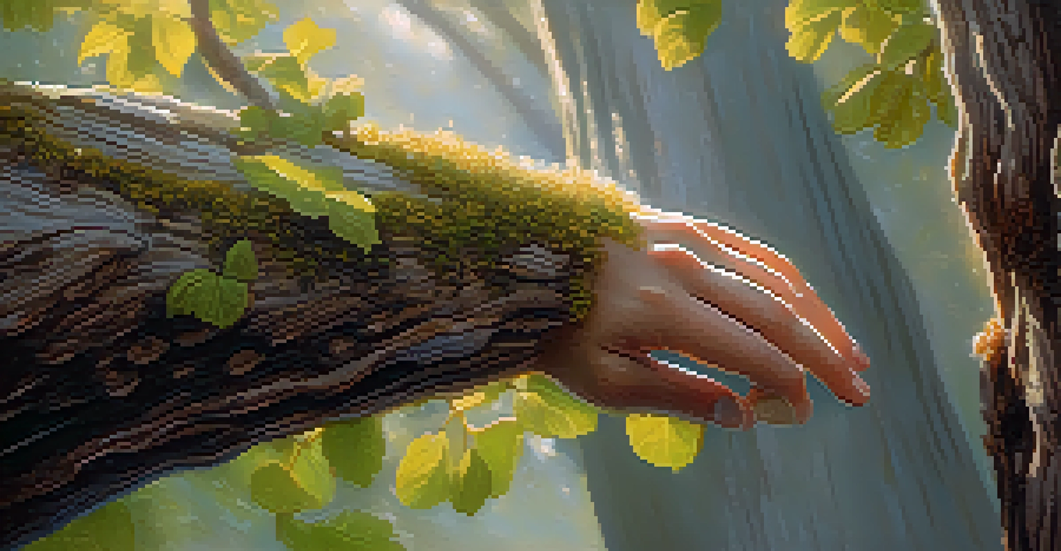 A close-up of a hand touching the textured bark of a tree, surrounded by small leaves and flowers, with soft sunlight in the background.