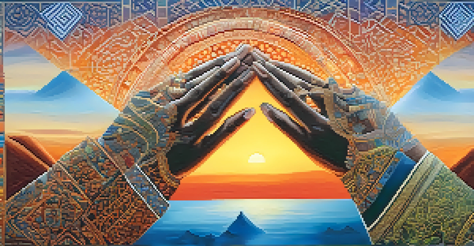 Hands from various cultures and religions reaching towards each other against a gradient sky, representing unity and collaboration.