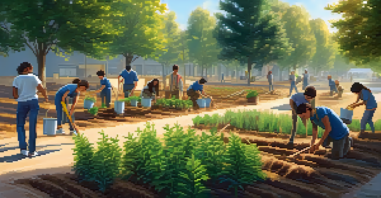 Students planting trees together in a community service project under sunlight.