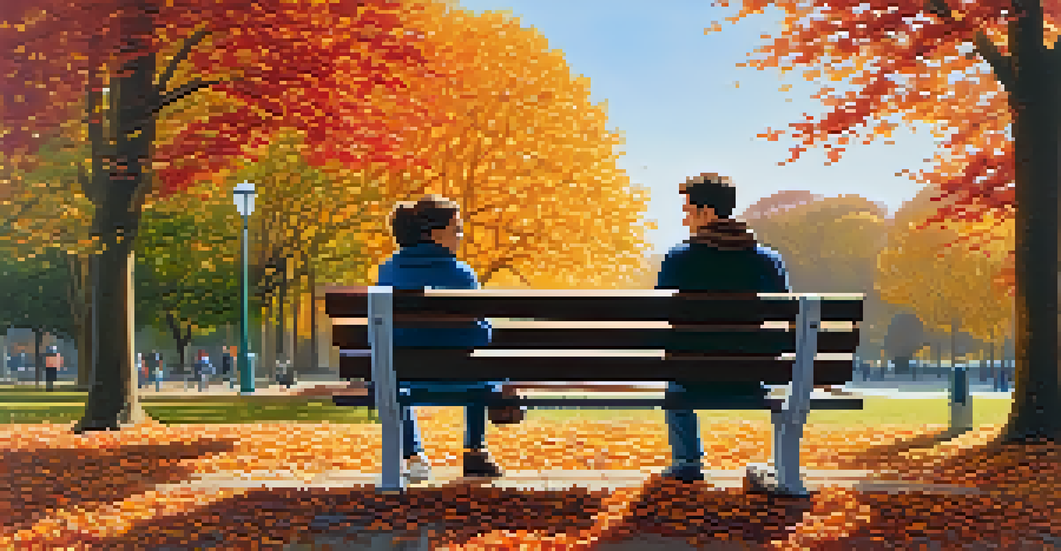 Two people sitting on a bench in an autumn park, talking and sharing a moment of connection.