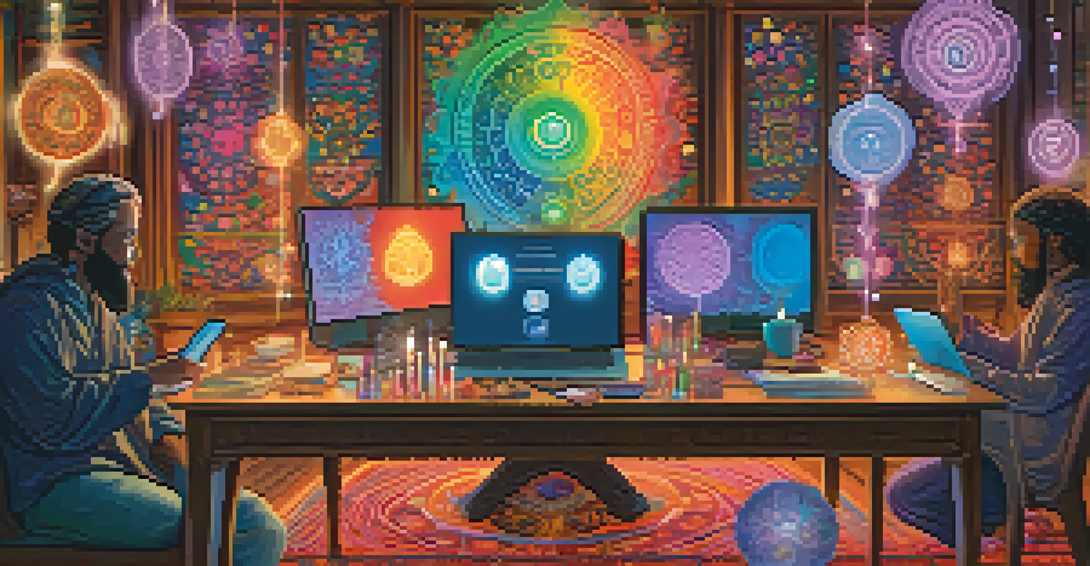 A computer screen showing a chat room with colorful speech bubbles about spirituality, surrounded by candles and crystals.