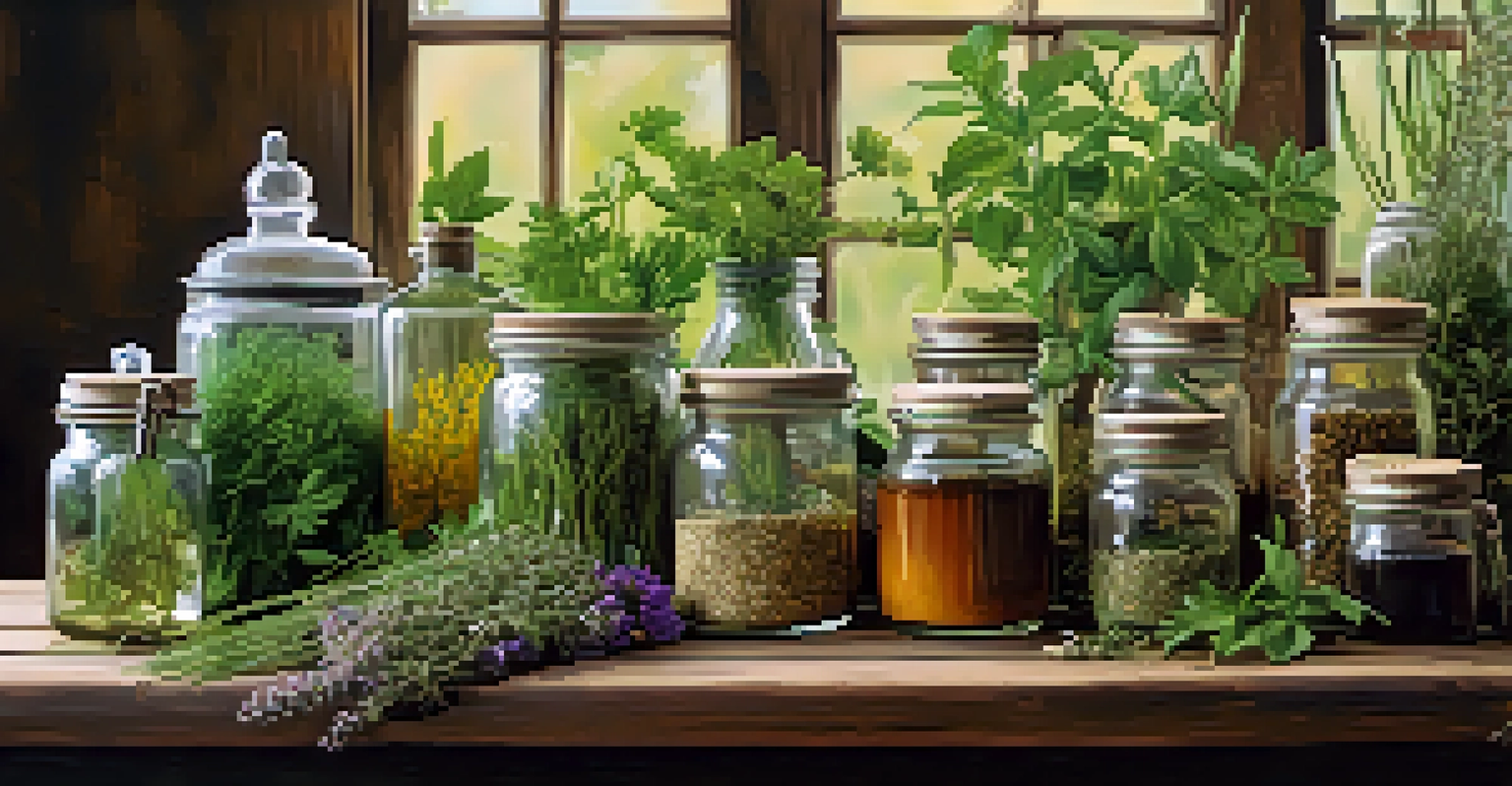 A rustic wooden table with fresh herbs and jars of tinctures, showcasing the beauty of herbal remedies.