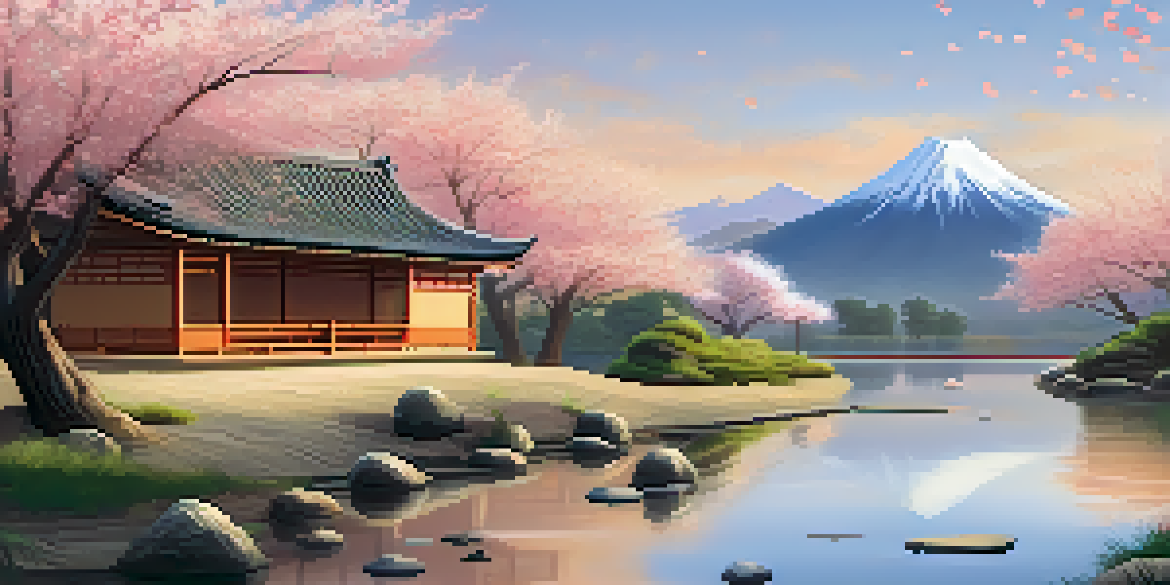 A peaceful Zen garden at sunrise with raked gravel, stones, a pond, cherry blossom trees, and a bamboo fence.