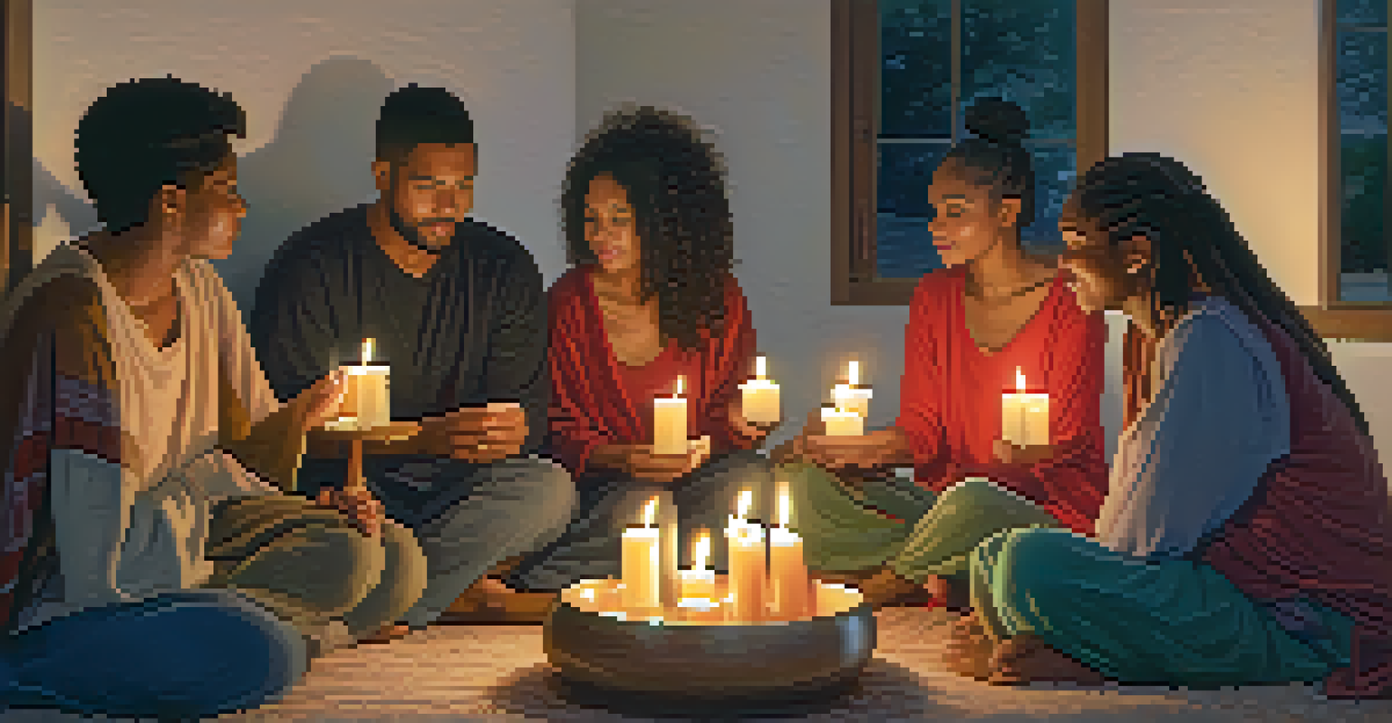 A diverse group of people sitting together in a candlelit room, sharing thoughts and feelings during a supportive gathering.