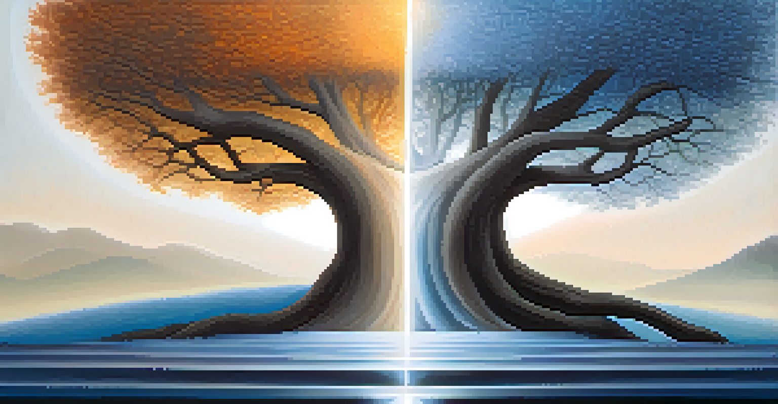 An artwork showing the contrast and blend between spirituality and rationalism with a glowing tree and geometric patterns.