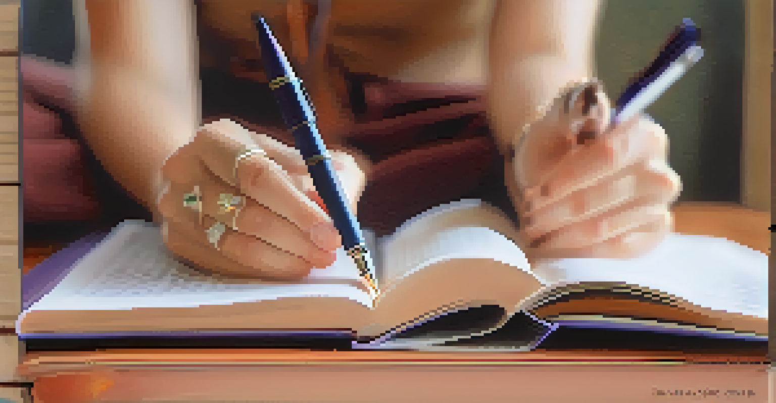 Close-up of hands in a yoga mudra with a journal and pen nearby, representing mindfulness and self-reflection.