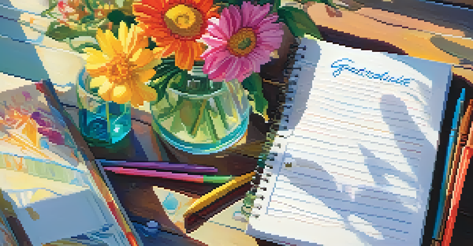 A close-up of an open gratitude journal with handwritten notes, colorful pens, and a vase of flowers, illuminated by sunlight.