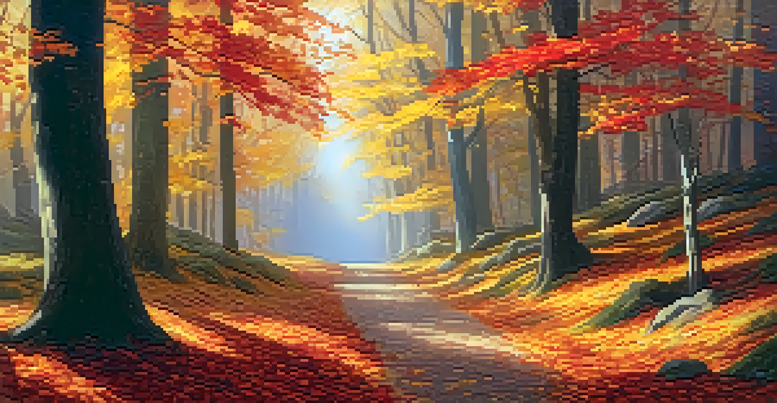 An autumn forest path covered in colorful fallen leaves with sunlight filtering through the trees and a deer in the distance.