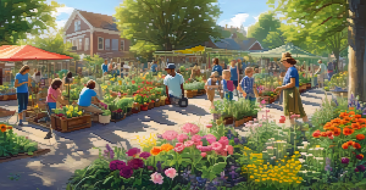 A diverse group of people working together in a vibrant community garden, sharing smiles.