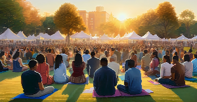 A diverse group of people gathered in a park during sunset, participating in a prayer vigil with colorful banners.