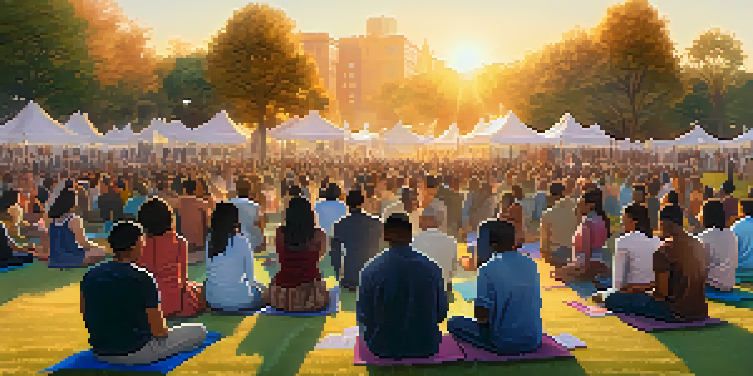 A diverse group of people gathered in a park during sunset, participating in a prayer vigil with colorful banners.