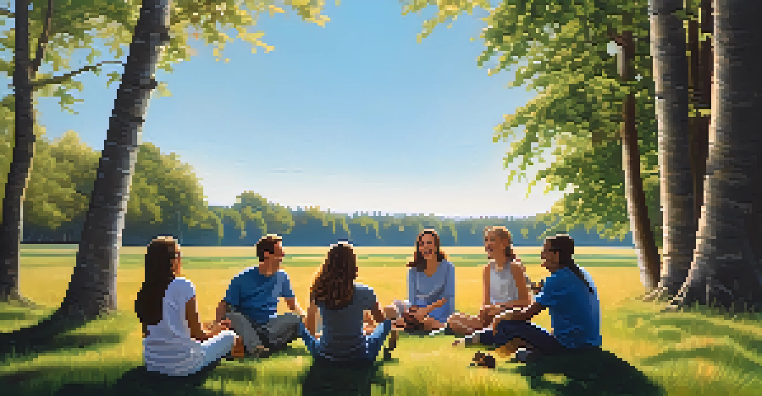 A group of friends sitting in a circle on a grassy field, sharing moments of gratitude and connection, with trees and a blue sky in the background.