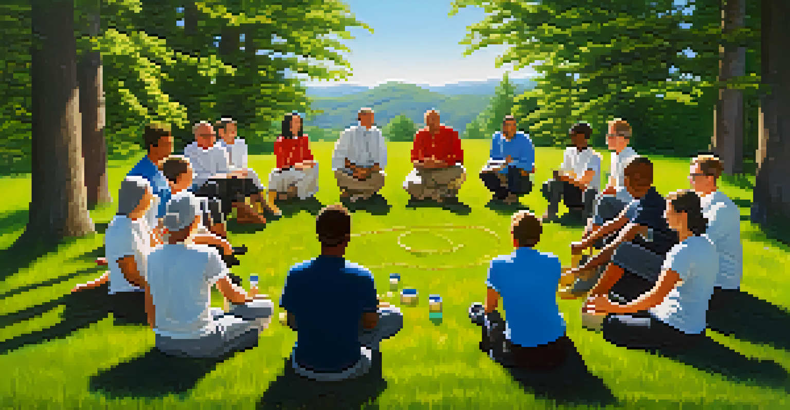 A leader and team members engaged in a team-building exercise in a sunny outdoor setting.