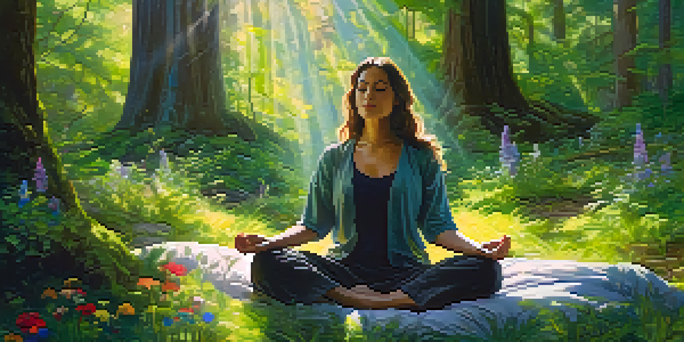A person meditating in a serene forest with sunlight filtering through the trees.