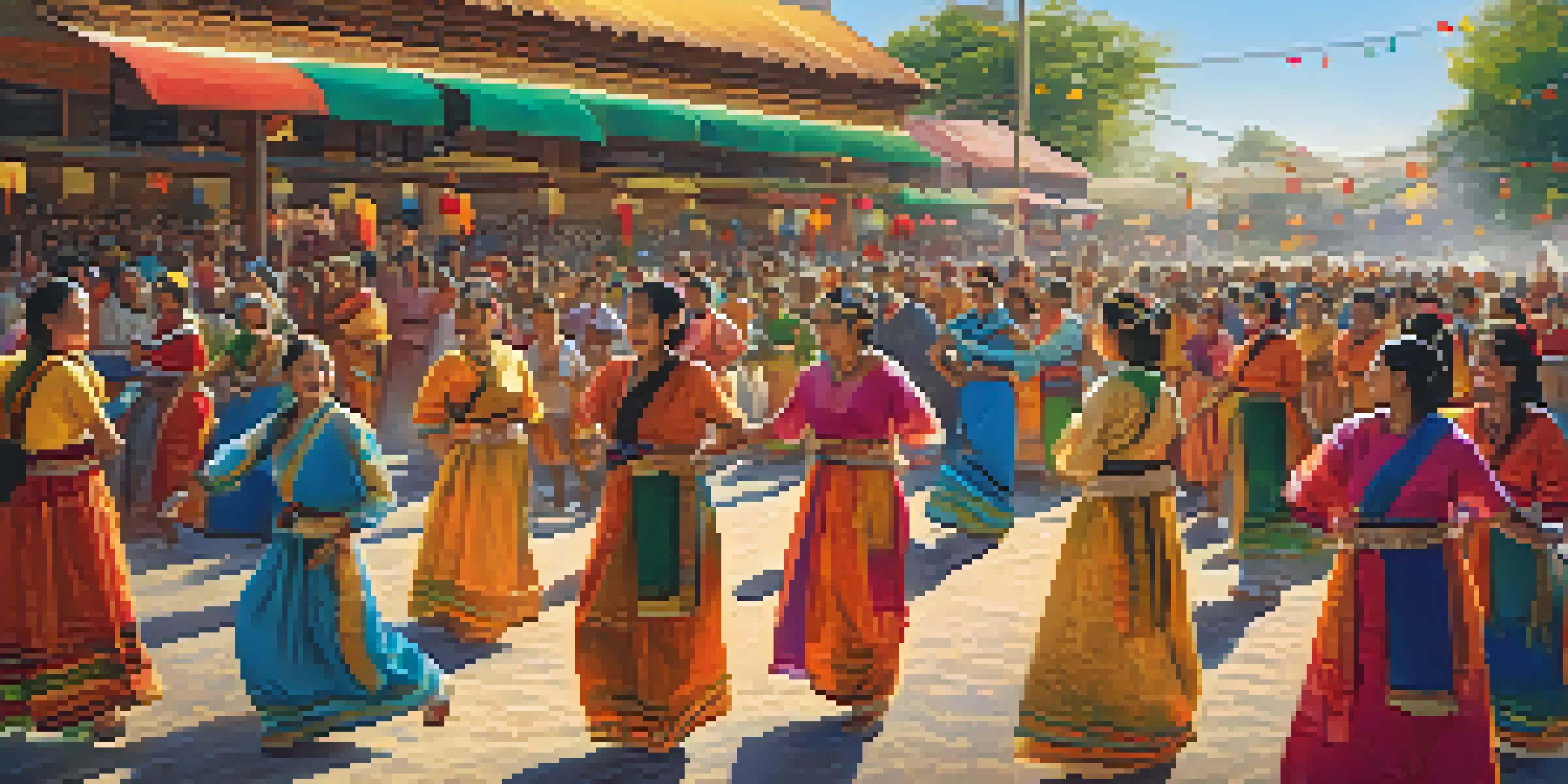 A lively community festival with people in colorful attire, food stalls, and dancers celebrating under a clear blue sky.