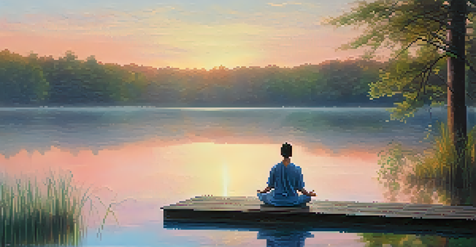 A person meditating on a dock by a calm lake at sunrise, surrounded by trees and mist.