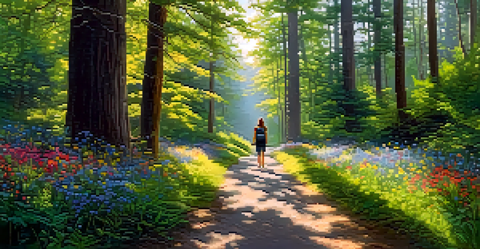 A peaceful forest pathway with sunlight filtering through trees and a person walking.