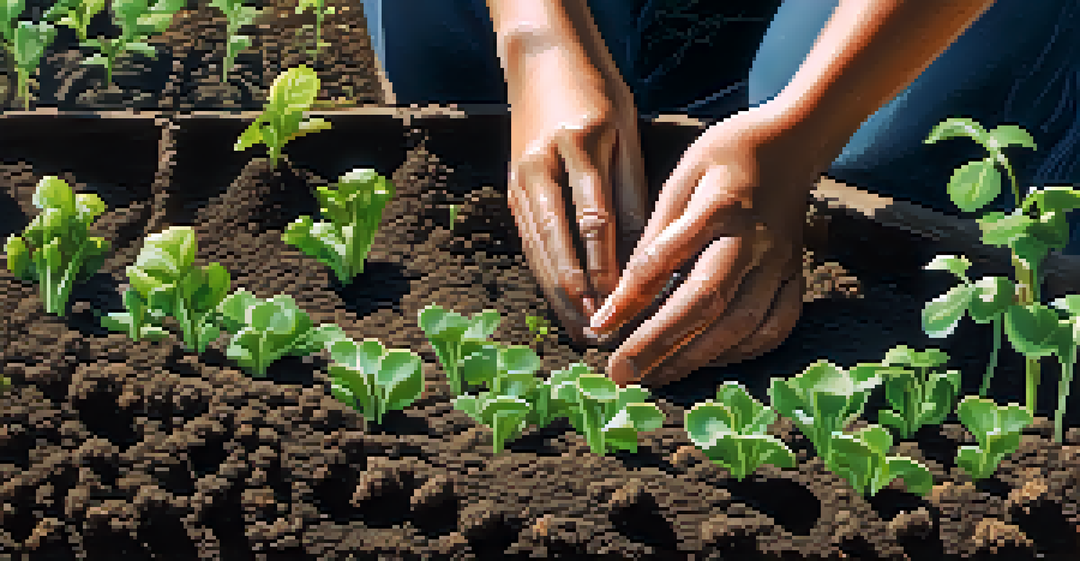 Close-up of hands planting seeds in rich soil, symbolizing selfless service and nurturing growth.