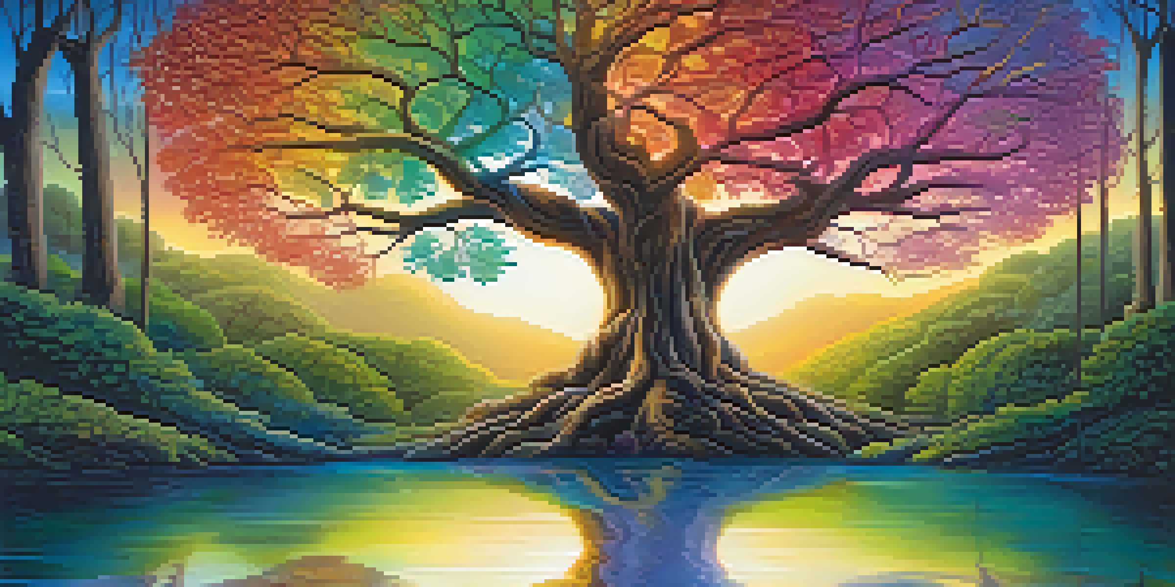A mystical tree of life with ten glowing branches, each representing attributes like wisdom and understanding, surrounded by a tranquil forest bathed in soft light.