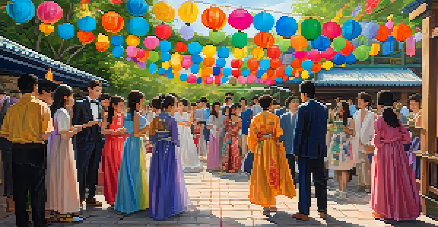 Young adults in traditional attire from various cultures celebrating together in a decorated outdoor space.