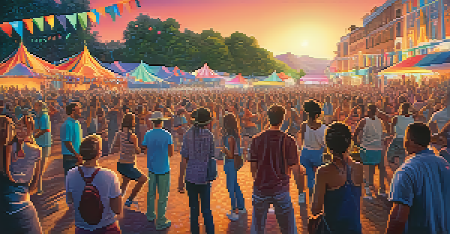 A lively outdoor music festival with people enjoying performances and musicians on stage.