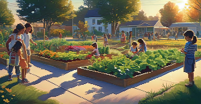 A vibrant community garden at sunset with people planting and children playing, symbolizing community service.