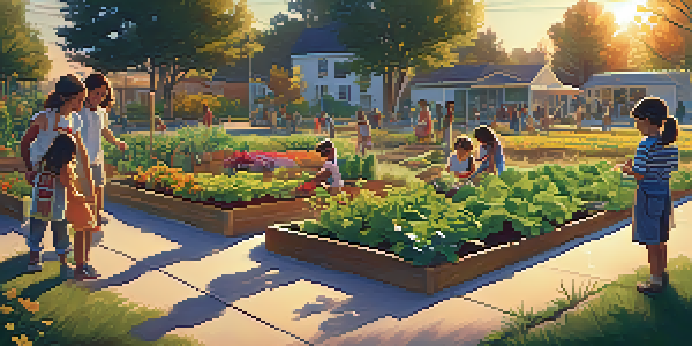 A vibrant community garden at sunset with people planting and children playing, symbolizing community service.