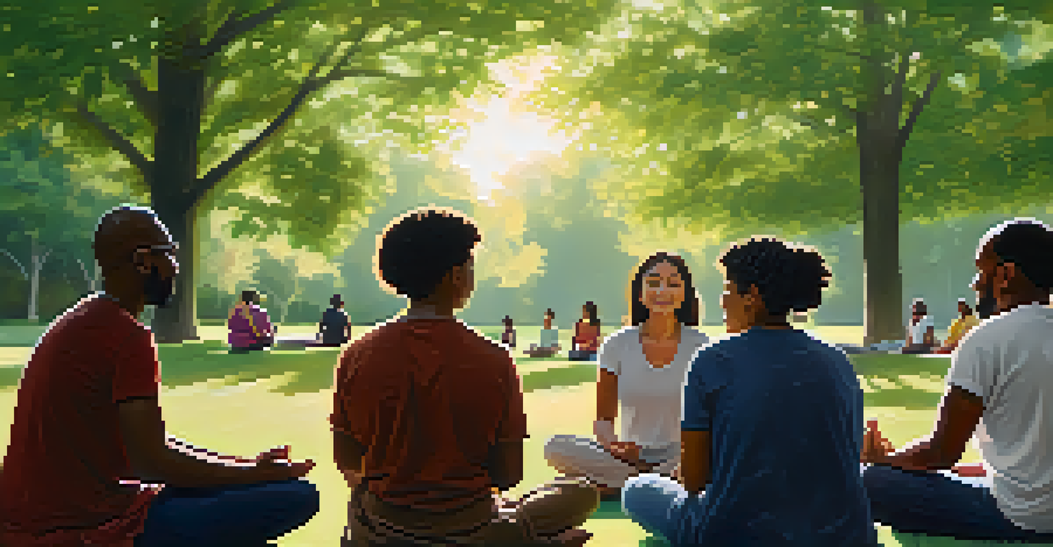 A diverse group of people meditating together in a park, surrounded by trees and sunlight, showcasing unity and calm.