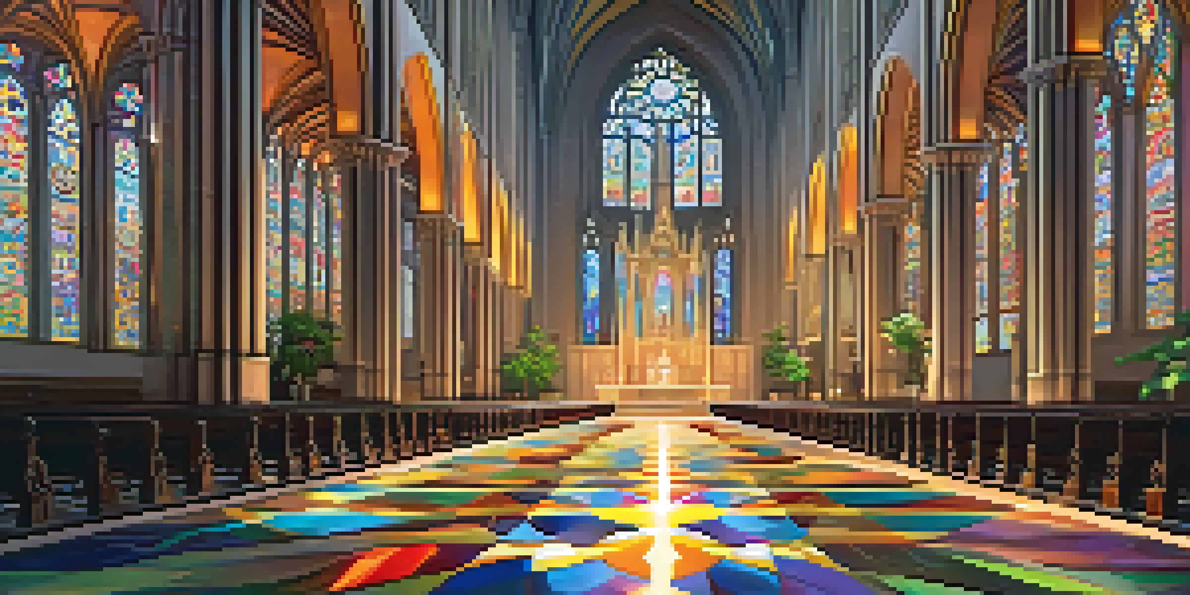 A peaceful view of a grand cathedral's interior with sunlight filtering through stained glass windows, illuminating the stone floor.