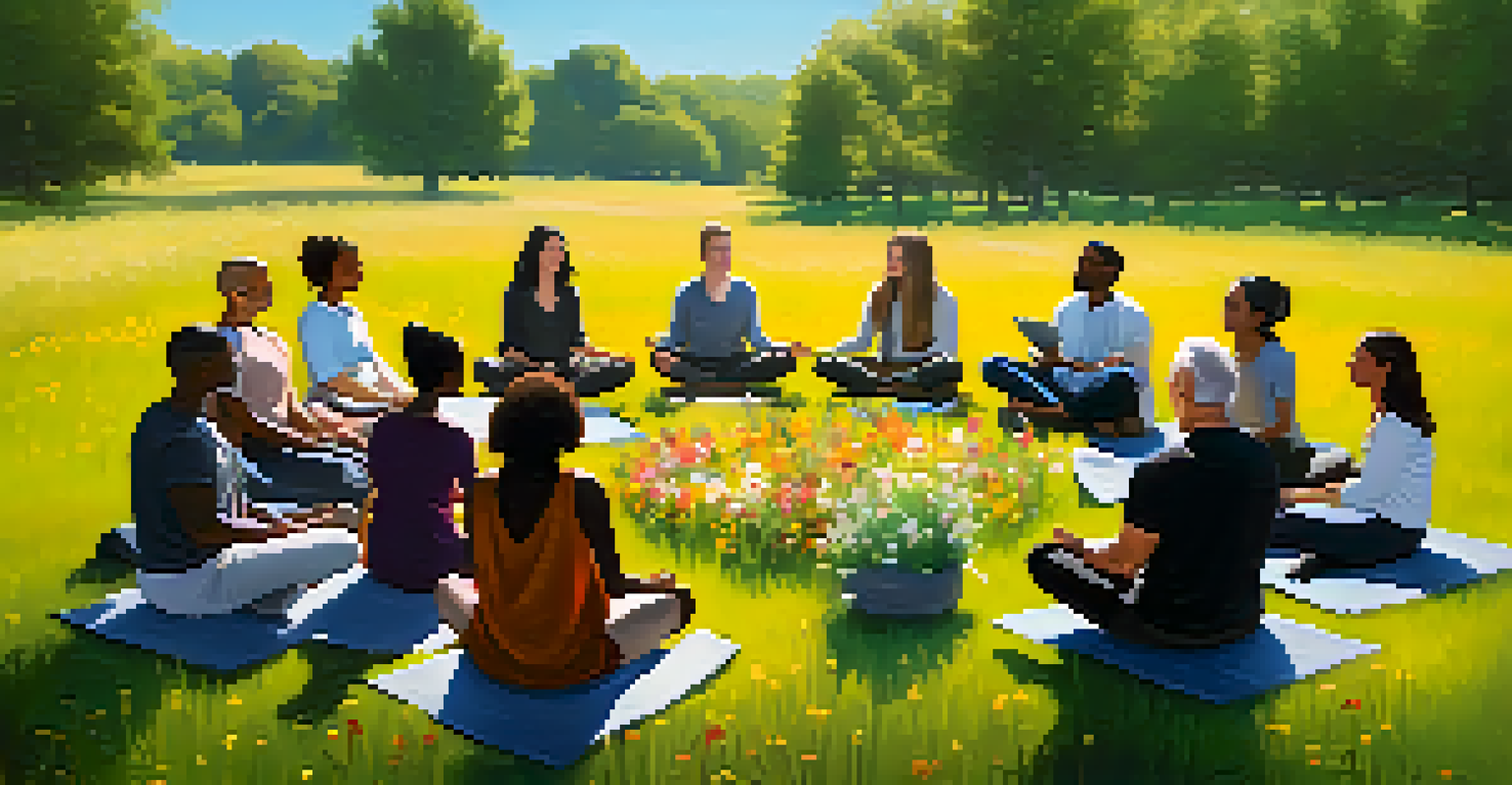 A diverse group of people sitting in a circle on grass during a mindfulness workshop outdoors.