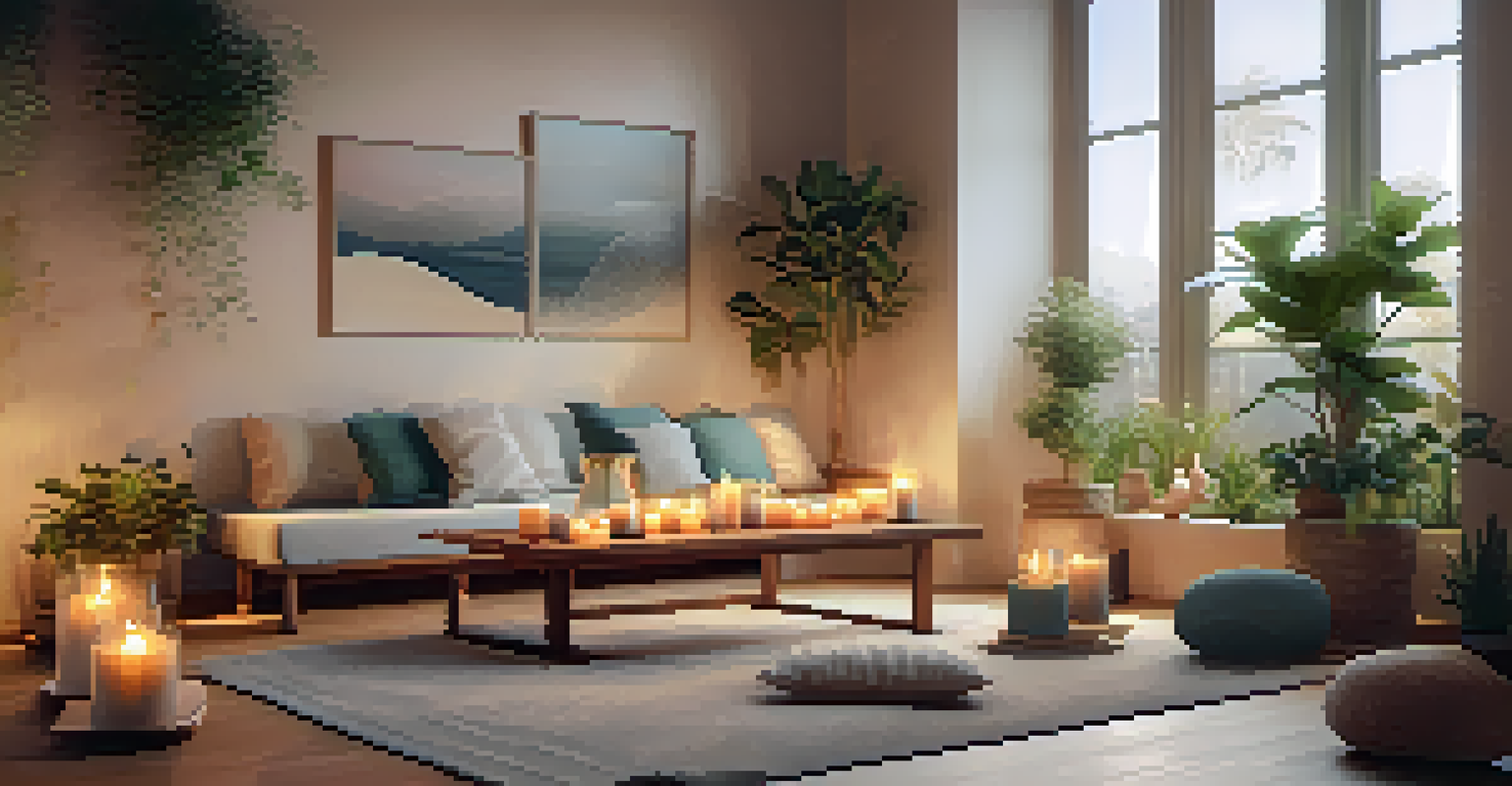 An inviting meditation space with cushions, candles, and warm lighting creating a tranquil environment.