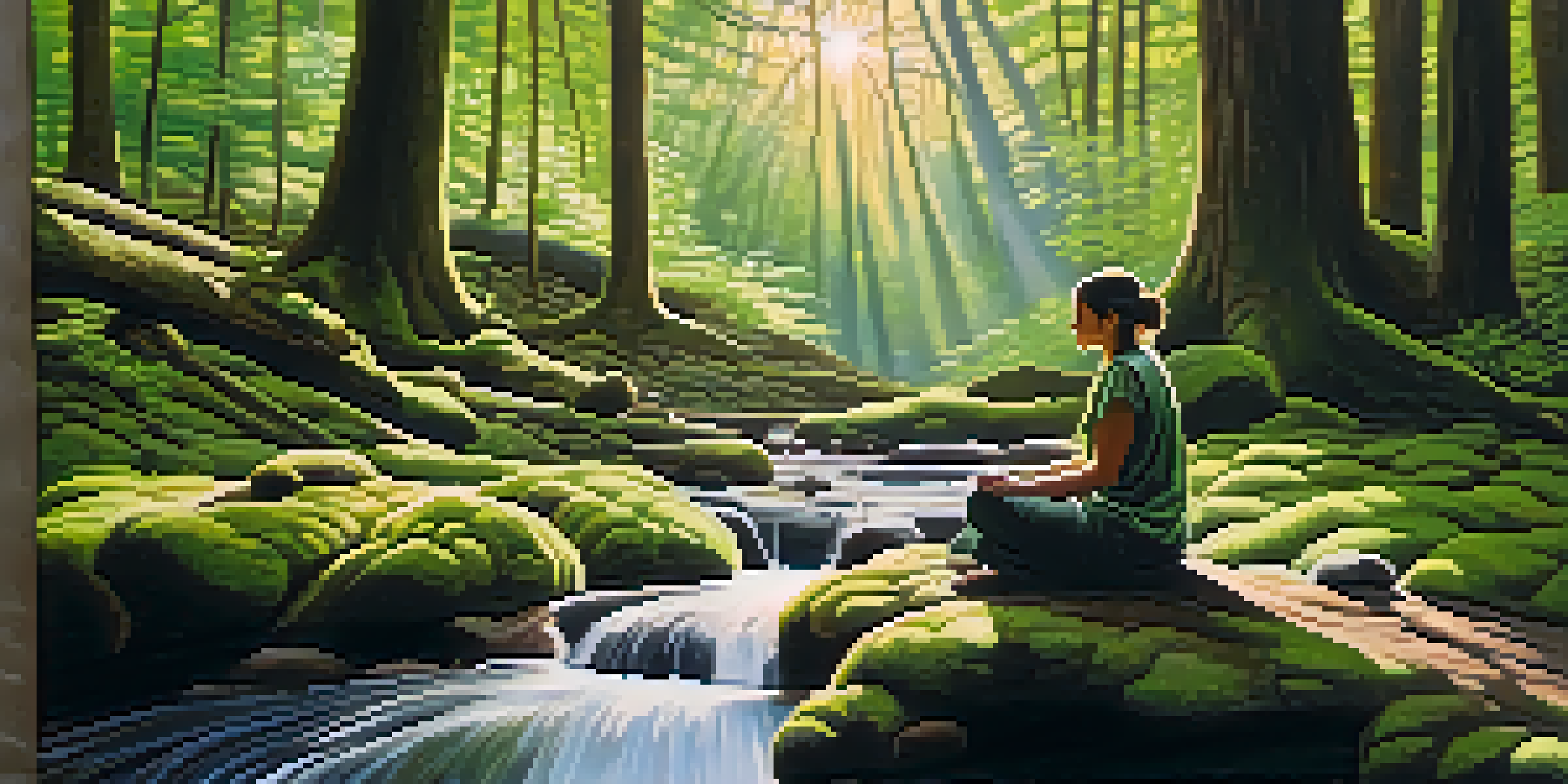 A person meditating in a peaceful forest surrounded by trees and a small stream, with sunlight filtering through the leaves.