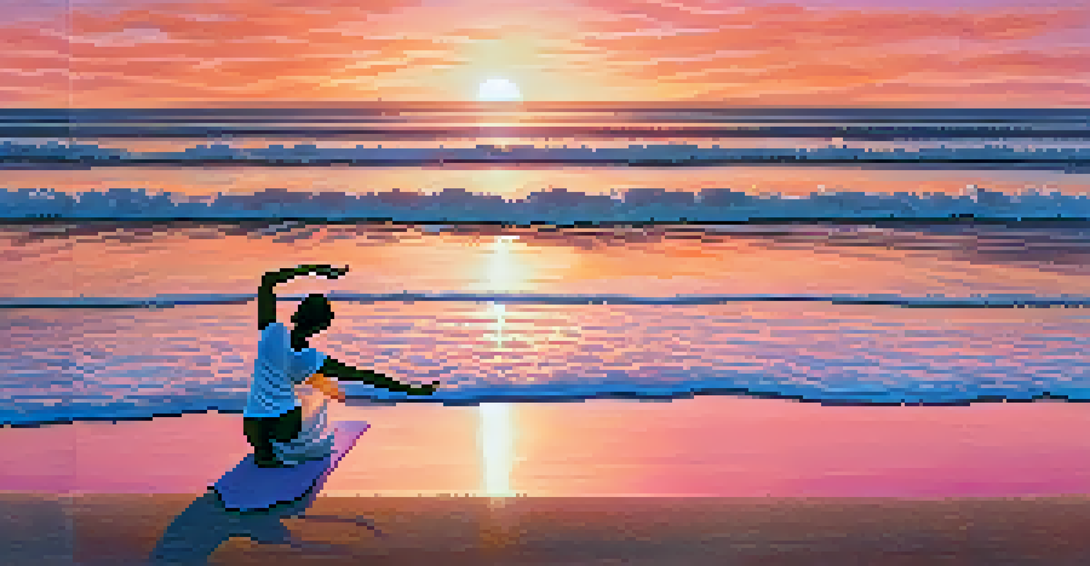 A person practicing yoga on a beach at sunrise, with colorful skies and calm water in the background.