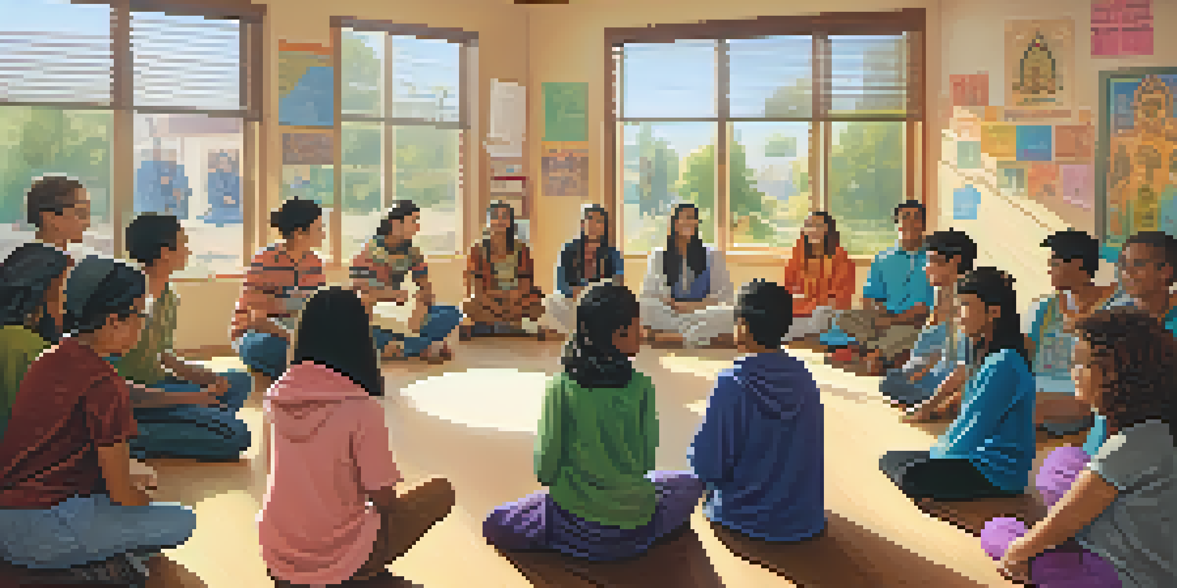 A diverse group of students sitting in a circle in a classroom, engaging in an interfaith dialogue with a teacher facilitating the discussion.