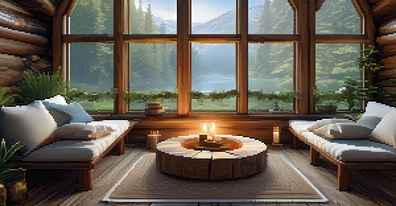 A cozy cabin interior set up for meditation, with cushions, plants, and soft lighting.