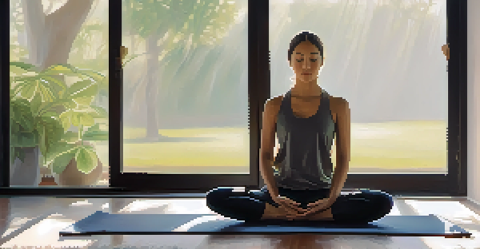 A person practicing breathing techniques on a yoga mat with a calm expression.