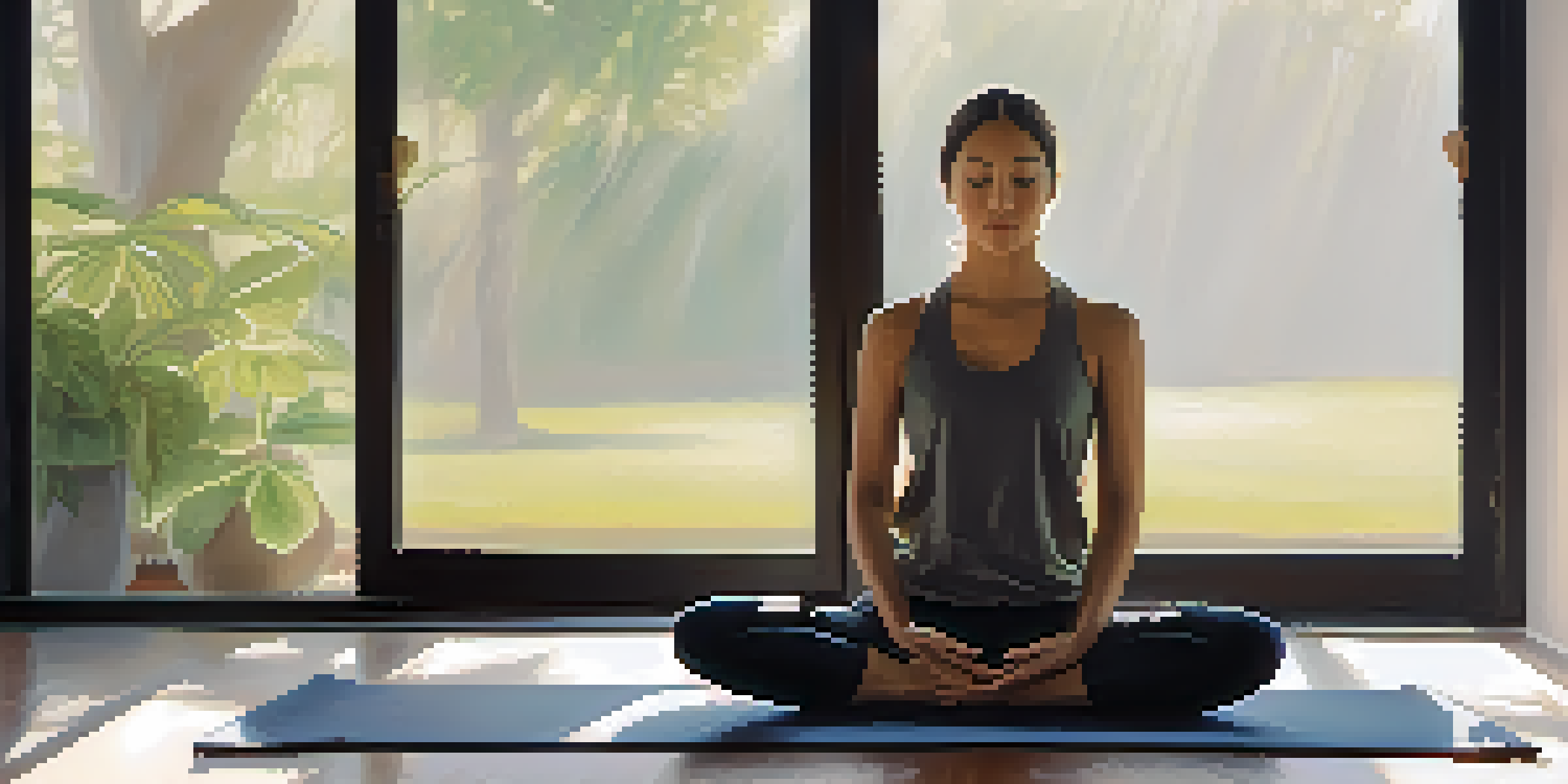 A person practicing breathing techniques on a yoga mat with a calm expression.