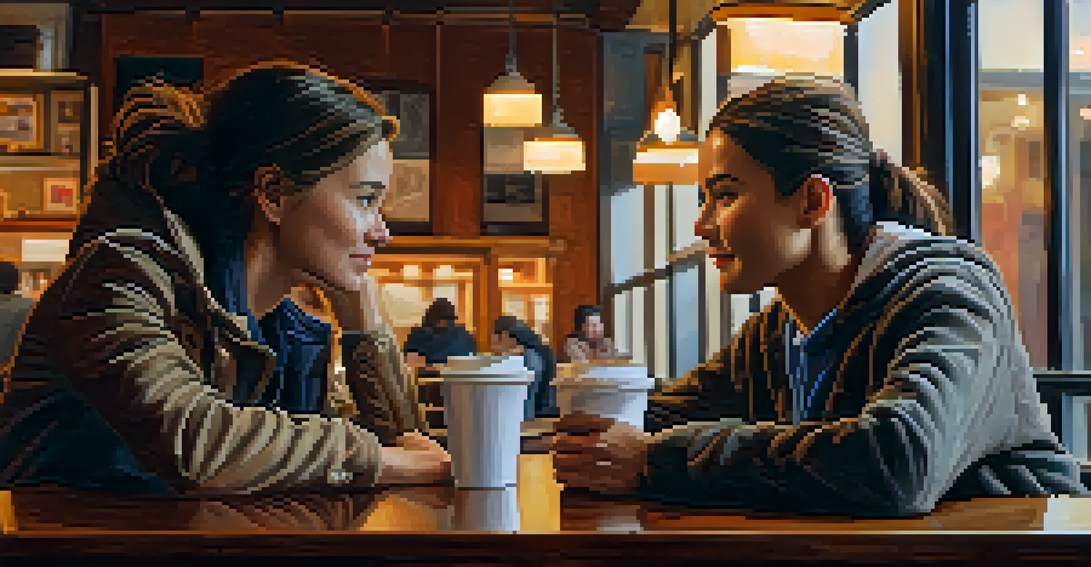 Two friends sharing a heartfelt conversation in a cozy coffee shop, emphasizing the power of listening and kindness.