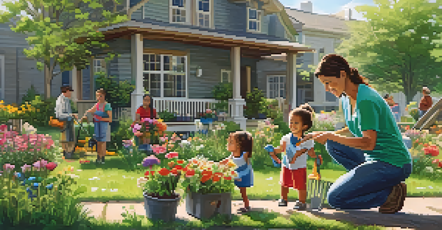 A parent and child planting flowers in a community garden, surrounded by blooming plants and a cheerful atmosphere.