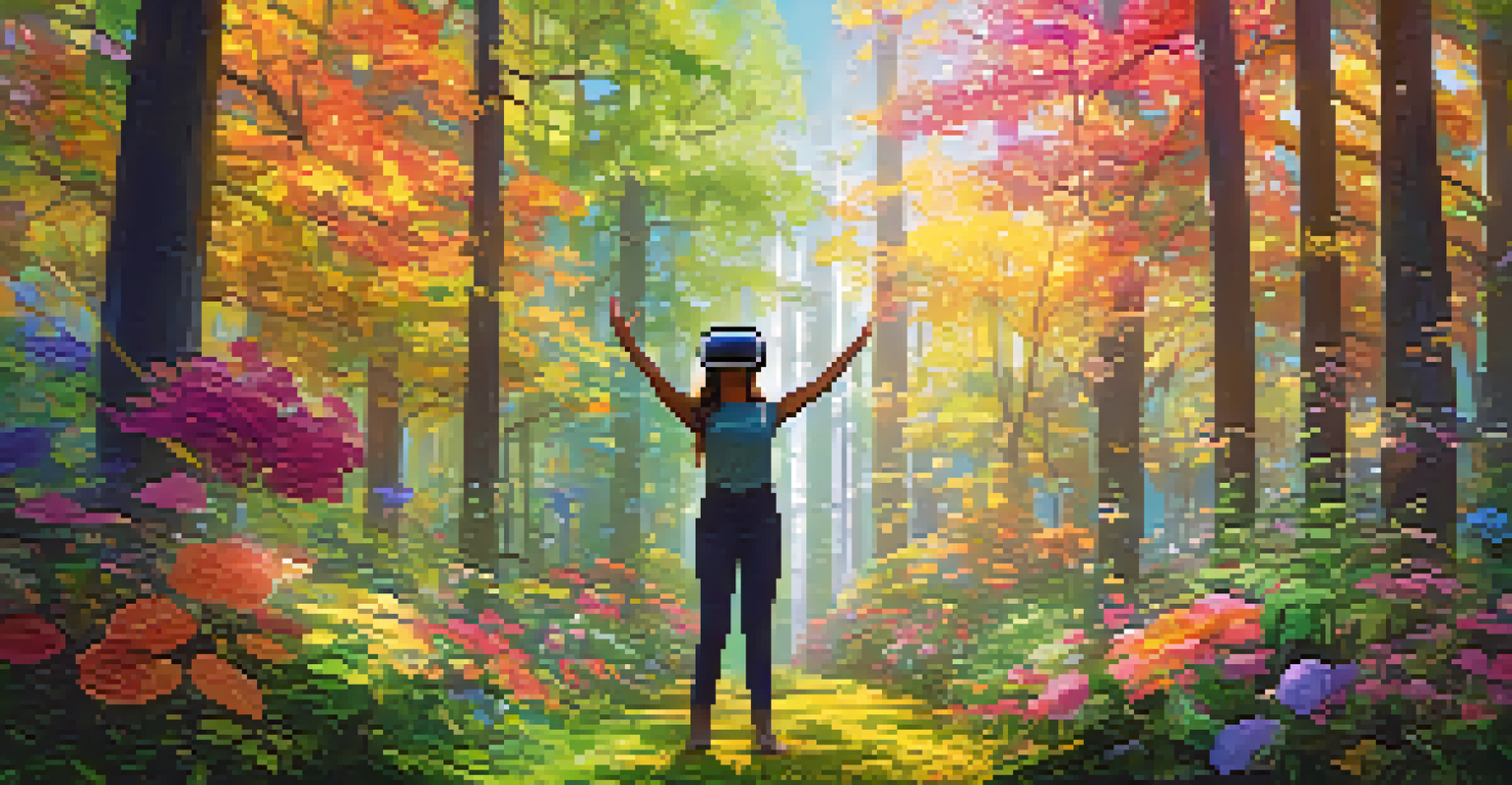 A person in a virtual reality forest surrounded by colorful flowers and tall trees, with sunlight filtering through the leaves.