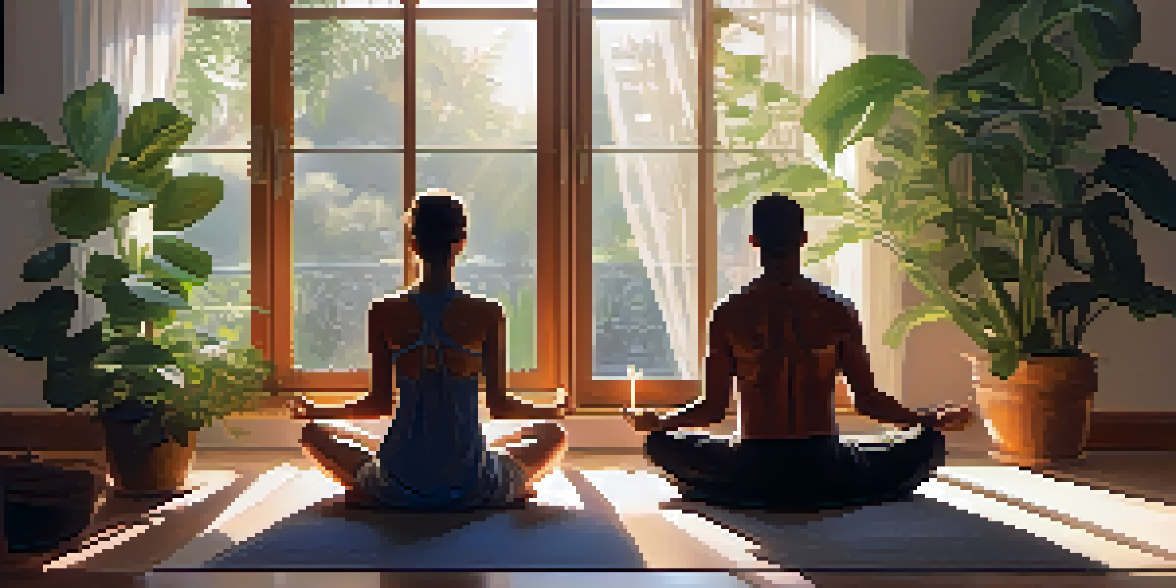 A couple meditating together in a sunlit room, surrounded by plants and candles, creating a calming atmosphere.