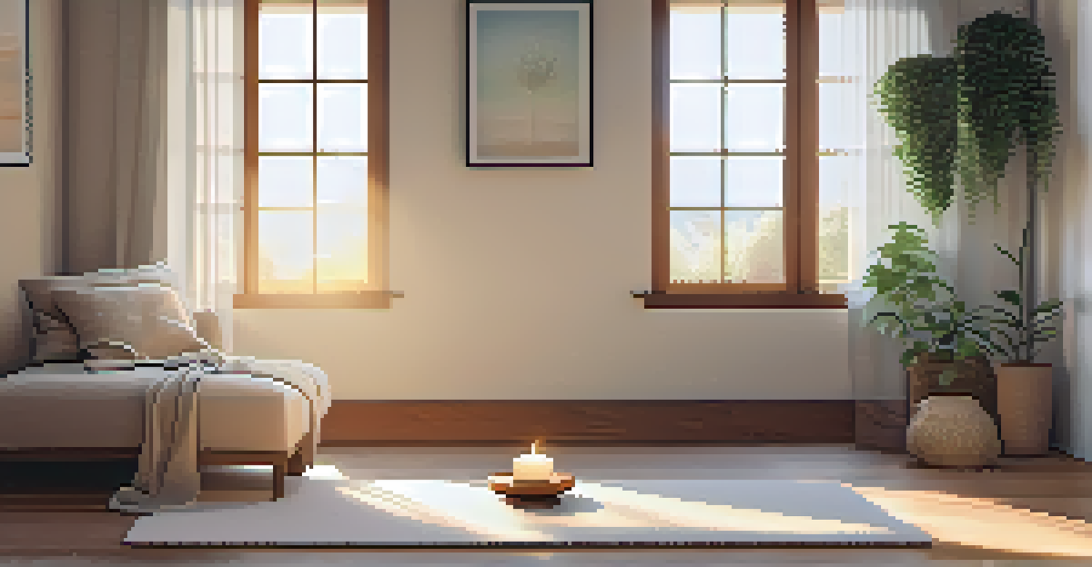 A cozy meditation corner with cushions, a plant, and a candle, illuminated by sunlight streaming through sheer curtains.