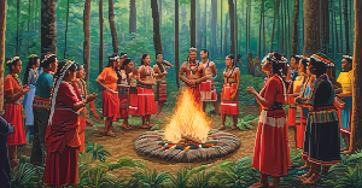 An Indigenous ceremony in a forest with participants dancing around a fire.