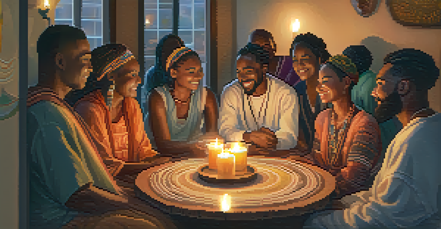A diverse group of people in a candle-lit space, holding hands in a circle during a spiritual community gathering.