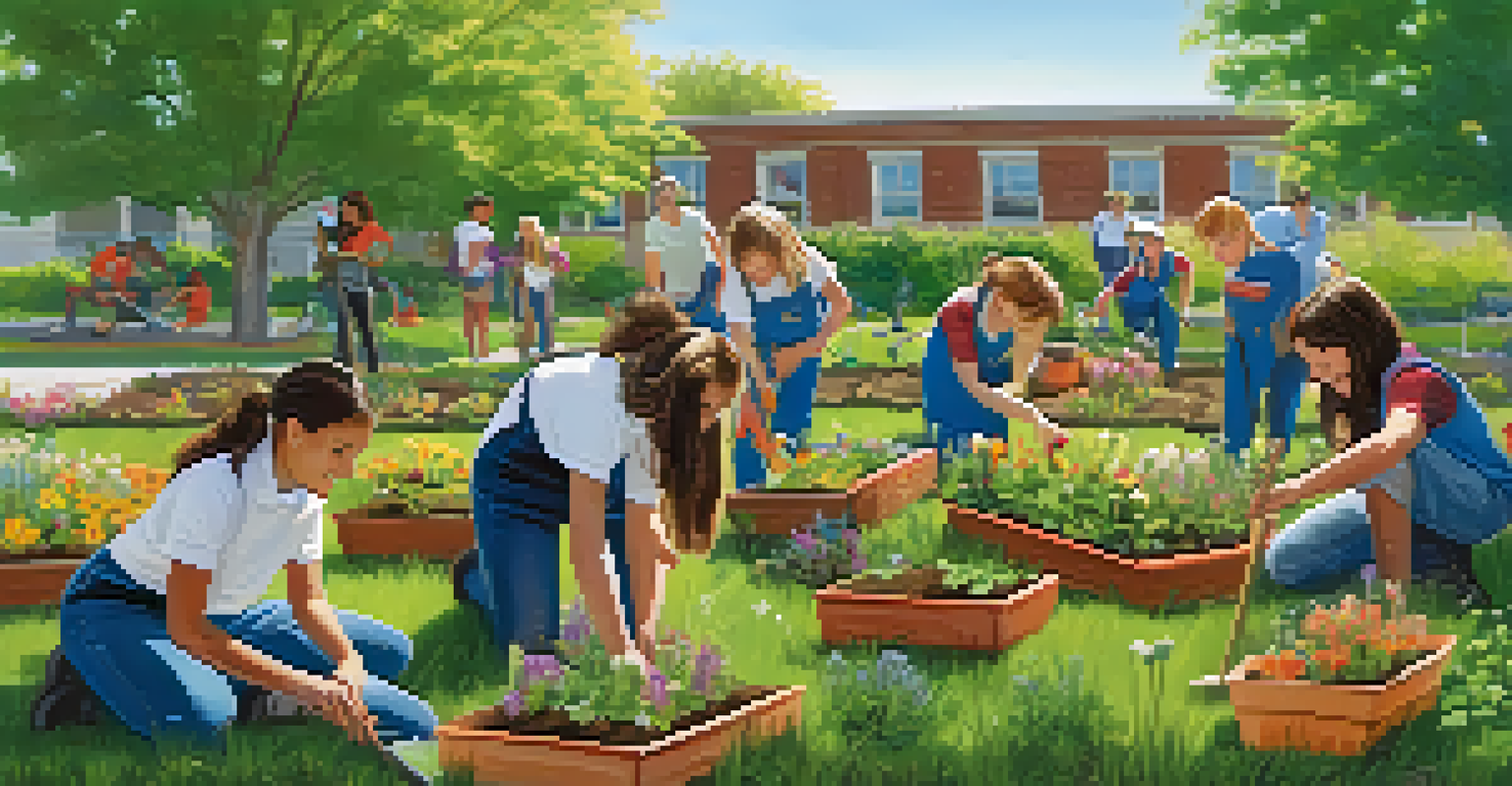 Students planting flowers together in a school garden, showcasing teamwork and community spirit under a sunny sky.