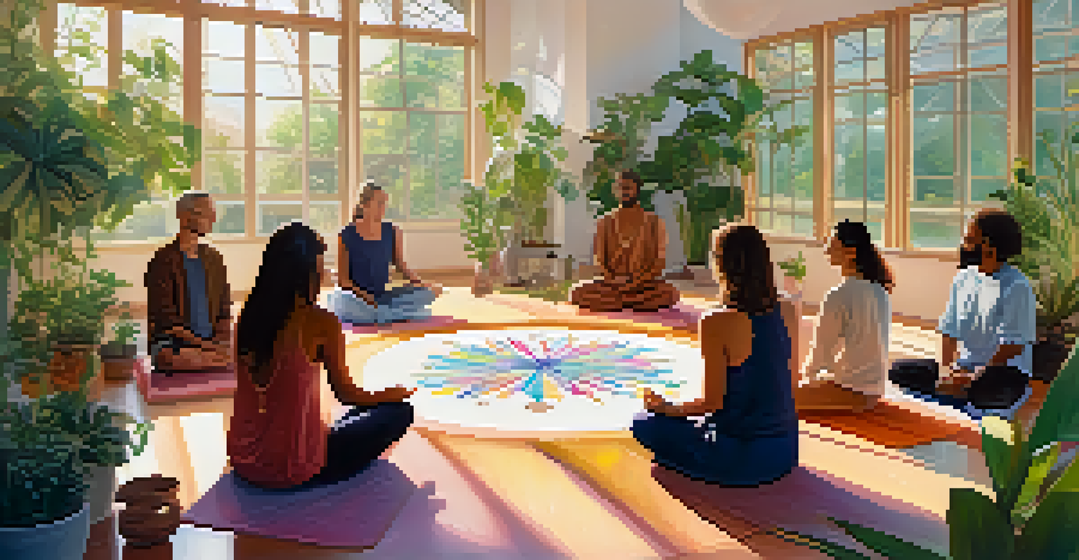 A diverse group of people in a bright space, participating in a modern New Age spiritual gathering.
