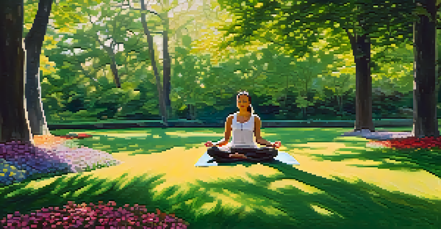 A person meditating outdoors in a park, surrounded by flowers and trees, with sunlight filtering through the leaves.