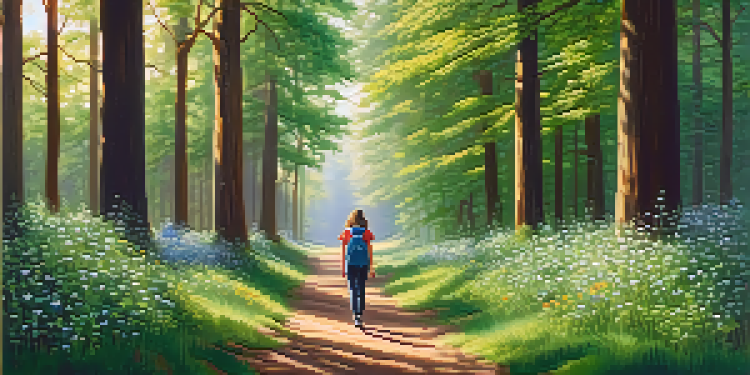 A person walking on a forest path, surrounded by tall trees and wildflowers, with sunlight filtering through the leaves.